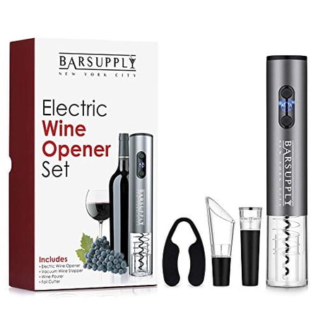 Electric Wine Bottle Opener Set  4 Piece Set  Automatic Corkscrew Wine Opener  Includes Foil Cutter  Wine Pourer  Vacuum Pump Stopper  Battery Operated  Stainless Steel  Gift Box Set