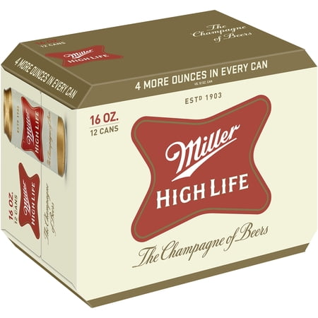 Miller High Life Beer, American Lager, 12 Pack Beer, 16 fl. oz. Cans, 4.6% ABV